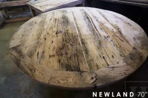 reclaimed wood round table, pedestal table, barn board table, rustic cottage table, Ontario, Dorset, epoxy, HD Threshing Floor Furniture, hemlock