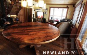 reclaimed wood round table, pedestal table, barn board table, rustic cottage table, Ontario, Dorset, epoxy, HD Threshing Floor Furniture, hemlock