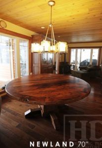 reclaimed wood round table, pedestal table, barn board table, rustic cottage table, Ontario, Dorset, epoxy, HD Threshing Floor Furniture, hemlock
