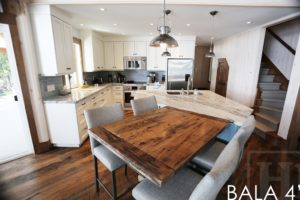 reclaimed wood pedestal table, Bala, Ontario, barnwood cottage table, farmhouse table, mennonite table, mennonite furniture, hemlock threshing floor, Gerald Reinink, HD Threshing, HD Threshing Floor Furniture, gray, grey, recycled wood table, solid wood furniture Ontario