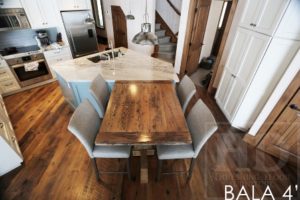 reclaimed wood pedestal table, Bala, Ontario, barnwood cottage table, farmhouse table, mennonite table, mennonite furniture, hemlock threshing floor, Gerald Reinink, HD Threshing, HD Threshing Floor Furniture, gray, grey, recycled wood table, solid wood furniture Ontario
