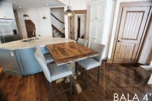 reclaimed wood pedestal table, Bala, Ontario, barnwood cottage table, farmhouse table, mennonite table, mennonite furniture, hemlock threshing floor, Gerald Reinink, HD Threshing, HD Threshing Floor Furniture, gray, grey, recycled wood table, solid wood furniture Ontario