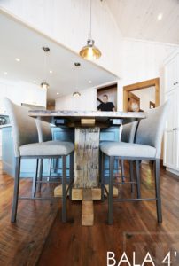 reclaimed wood pedestal table, Bala, Ontario, barnwood cottage table, farmhouse table, mennonite table, mennonite furniture, hemlock threshing floor, Gerald Reinink, HD Threshing, HD Threshing Floor Furniture, gray, grey, recycled wood table, solid wood furniture Ontario