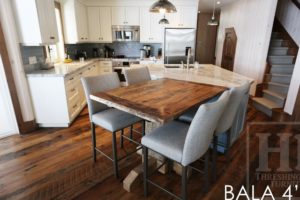 reclaimed wood pedestal table, Bala, Ontario, barnwood cottage table, farmhouse table, mennonite table, mennonite furniture, hemlock threshing floor, Gerald Reinink, HD Threshing, HD Threshing Floor Furniture, gray, grey, recycled wood table, solid wood furniture Ontario
