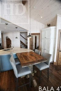 reclaimed wood pedestal table, Bala, Ontario, barnwood cottage table, farmhouse table, mennonite table, mennonite furniture, hemlock threshing floor, Gerald Reinink, HD Threshing, HD Threshing Floor Furniture, gray, grey, recycled wood table, solid wood furniture Ontario