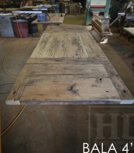reclaimed wood pedestal table, Bala, Ontario, barnwood cottage table, farmhouse table, mennonite table, mennonite furniture, hemlock threshing floor, Gerald Reinink, HD Threshing, HD Threshing Floor Furniture, gray, grey, recycled wood table, solid wood furniture Ontario