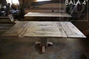 reclaimed wood pedestal table, Bala, Ontario, barnwood cottage table, farmhouse table, mennonite table, mennonite furniture, hemlock threshing floor, Gerald Reinink, HD Threshing, HD Threshing Floor Furniture, gray, grey, recycled wood table, solid wood furniture Ontario