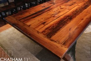 Gerald Reinink, HD Threshing, HD Threshing Floor Furniture, sawbuck table, farmhouse cottage table, ladder back chairs, barnwood table, recycled wood table Ontario, reclaimed wood tables Ontario, hemlock threshing floor, epoxy, resin, Chatham, Ontario, custom reclaimed wood table, unique tables Ontario, mennonite furniture, Cottage Table