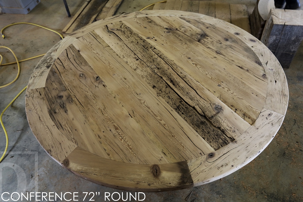 round conference room table, boardroom table, reclaimed wood table Mississauga Ontario, reclaimed wood, mennonite furniture, rustic furniture Ontario, HD Threshing, HD Threshing Floor Furniture, hand-hewn beam, office furniture Ontario