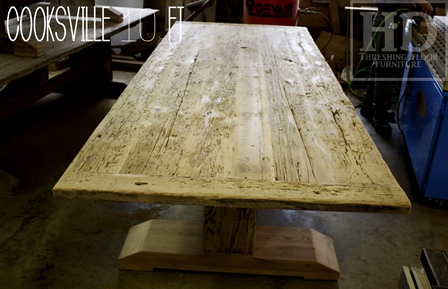 reclaimed wood pedestal table Aurora Ontario, mennonite furniture, mennonite table, reclaimed wood furniture, epoxy, Gerald Reinink, HD Threshing, HD Threshing Floor Furniture, aurora, ontario, farmhouse tables Ontario, harvest tables Toronto