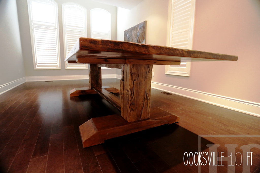 reclaimed wood pedestal table Aurora Ontario, mennonite furniture, mennonite table, reclaimed wood furniture, epoxy, Gerald Reinink, HD Threshing, HD Threshing Floor Furniture, aurora, ontario, farmhouse tables Ontario, harvest tables Toronto