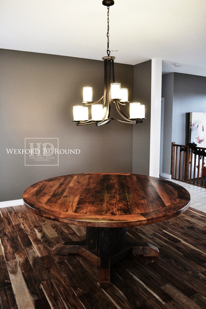 solid wood round table, reclaimed wood round table Ontario, epoxy, resin, HD Threshing Floor Furniture, HD Threshing, Gerald Reinink, distressed wood table, cedar hydro pole base, mennonite furniture Ontario