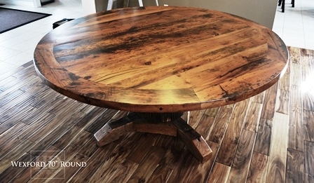 solid wood round table, reclaimed wood round table Ontario, epoxy, resin, HD Threshing Floor Furniture, HD Threshing, Gerald Reinink, distressed wood table, cedar hydro pole base, mennonite furniture Ontario