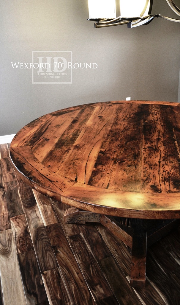 solid wood round table, reclaimed wood round table Ontario, epoxy, resin, HD Threshing Floor Furniture, HD Threshing, Gerald Reinink, distressed wood table, cedar hydro pole base, mennonite furniture Ontario
