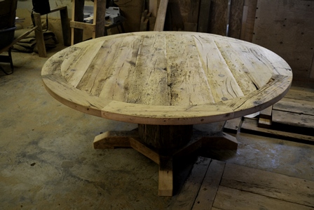 solid wood round table, reclaimed wood round table Ontario, epoxy, resin, HD Threshing Floor Furniture, HD Threshing, Gerald Reinink, distressed wood table, cedar hydro pole base, mennonite furniture Ontario