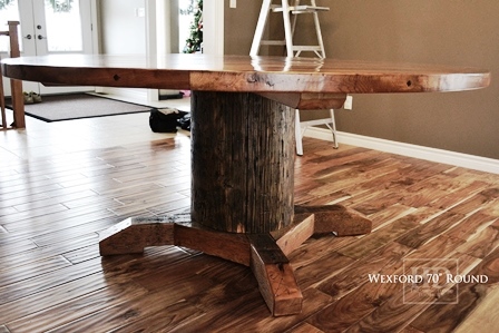 solid wood round table, reclaimed wood round table Ontario, epoxy, resin, HD Threshing Floor Furniture, HD Threshing, Gerald Reinink, distressed wood table, cedar hydro pole base, mennonite furniture Ontario