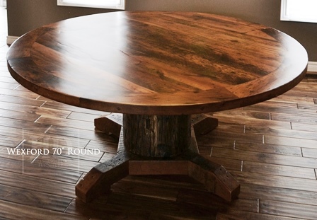 solid wood round table, reclaimed wood round table Ontario, epoxy, resin, HD Threshing Floor Furniture, HD Threshing, Gerald Reinink, distressed wood table, cedar hydro pole base, mennonite furniture Ontario