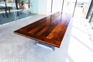 winery table, reclaimed wood tables Ontario, commercial reclaimed wood table, Wayne Gretzky Estates Winery, wine table, epoxy, resin, rustic winery furniture, reclaimed wood restaurant table, boardroom tables Ontario, conference tables Ontario, reclaimed wood metal base table