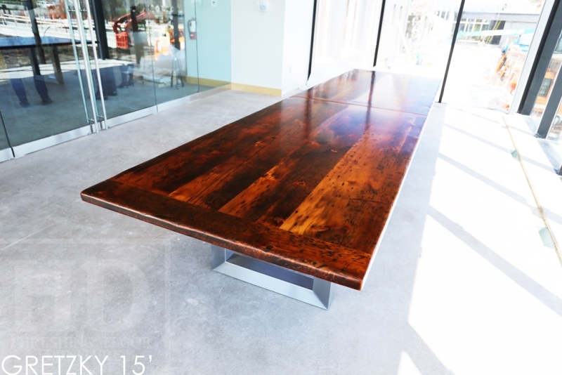 winery table, reclaimed wood tables Ontario, commercial reclaimed wood table, Wayne Gretzky Estates Winery, wine table, epoxy, resin, rustic winery furniture, reclaimed wood restaurant table, boardroom tables Ontario, conference tables Ontario, reclaimed wood metal base table
