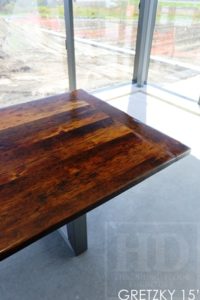 winery table, reclaimed wood tables Ontario, commercial reclaimed wood table, Wayne Gretzky Estates Winery, wine table, epoxy, resin, rustic winery furniture, reclaimed wood restaurant table, boardroom tables Ontario, conference tables Ontario, reclaimed wood metal base table