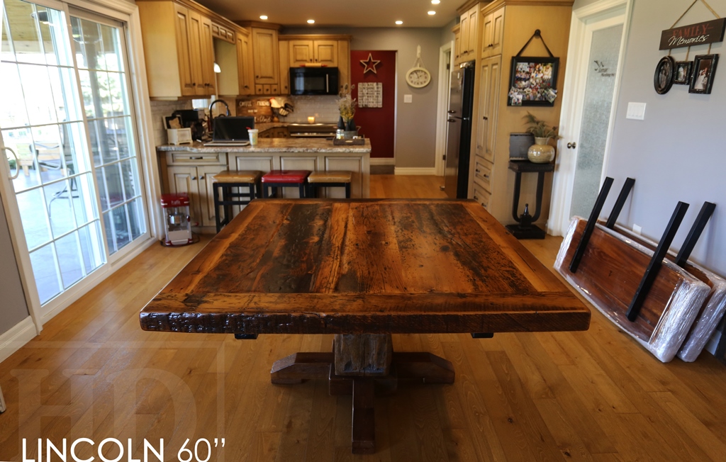 reclaimed wood pedestal table, Mennonite Furniture, epoxy, resin, rustic farmhouse, HD Threshing, HD Threshing Floor Furniture, barnwood furniture, rustic wood table, solid wood furniture, ontario wood