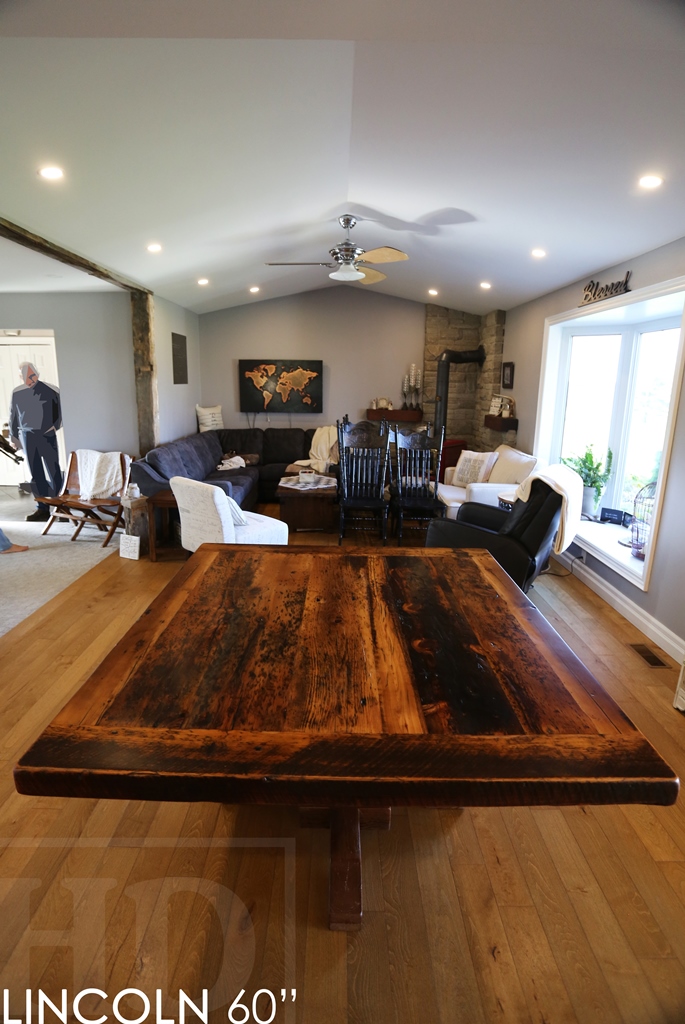 reclaimed wood pedestal table, Mennonite Furniture, epoxy, resin, rustic farmhouse, HD Threshing, HD Threshing Floor Furniture, barnwood furniture, rustic wood table, solid wood furniture, ontario wood