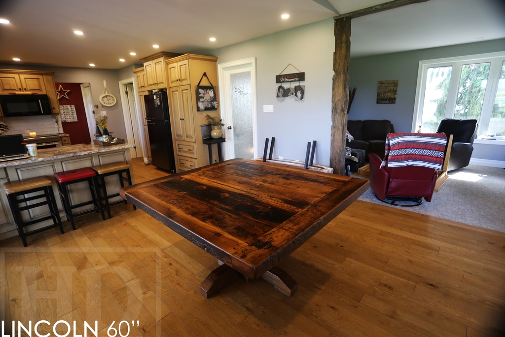 reclaimed wood pedestal table, Mennonite Furniture, epoxy, resin, rustic farmhouse, HD Threshing, HD Threshing Floor Furniture, barnwood furniture, rustic wood table, solid wood furniture, ontario wood, threshing floor, threshing floor furniture, threshing floor table