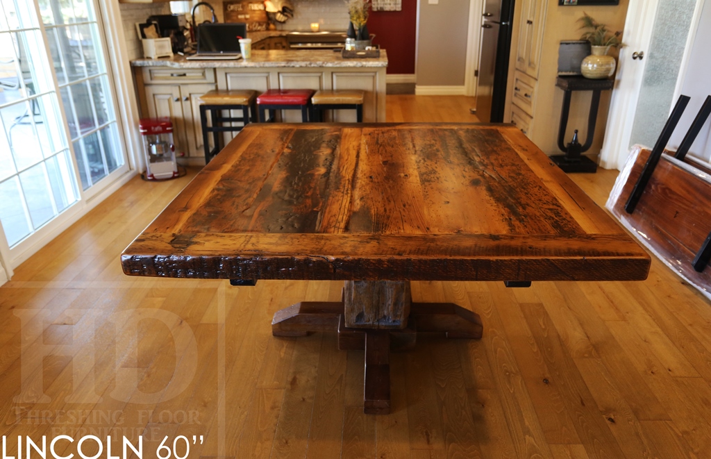 reclaimed wood pedestal table, Mennonite Furniture, epoxy, resin, rustic farmhouse, HD Threshing, HD Threshing Floor Furniture, barnwood furniture, rustic wood table, solid wood furniture, ontario wood, threshing floor, threshing floor furniture, threshing floor table