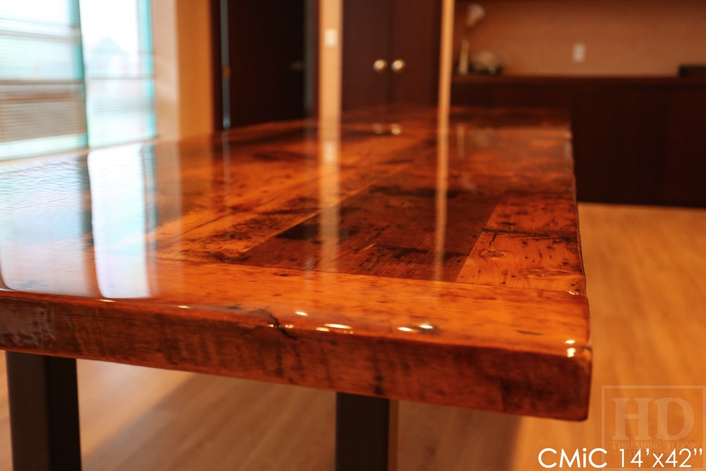 reclaimed wood boardroom table, high gloss table, boardroom table Toronto, solid wood furniture, Toronto Ontario, Mennonite furniture, metal base table