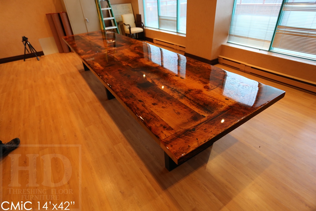 reclaimed wood boardroom table, high gloss table, boardroom table Toronto, solid wood furniture, Toronto Ontario, Mennonite furniture, metal base table