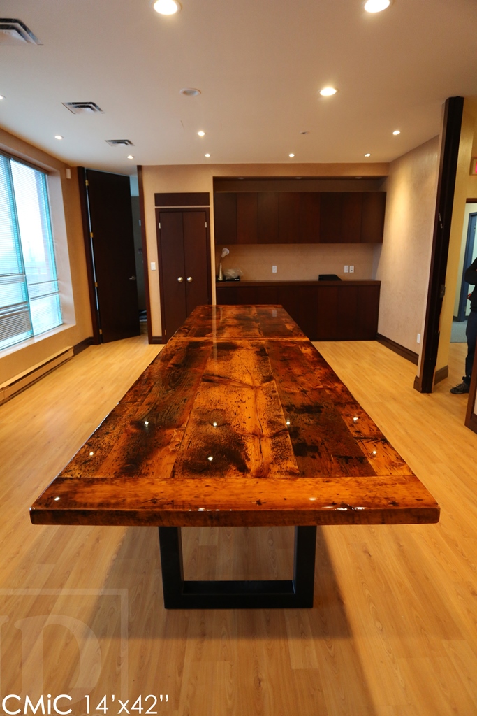 reclaimed wood boardroom table, high gloss table, boardroom table Toronto, solid wood furniture, Toronto Ontario, Mennonite furniture, metal base table