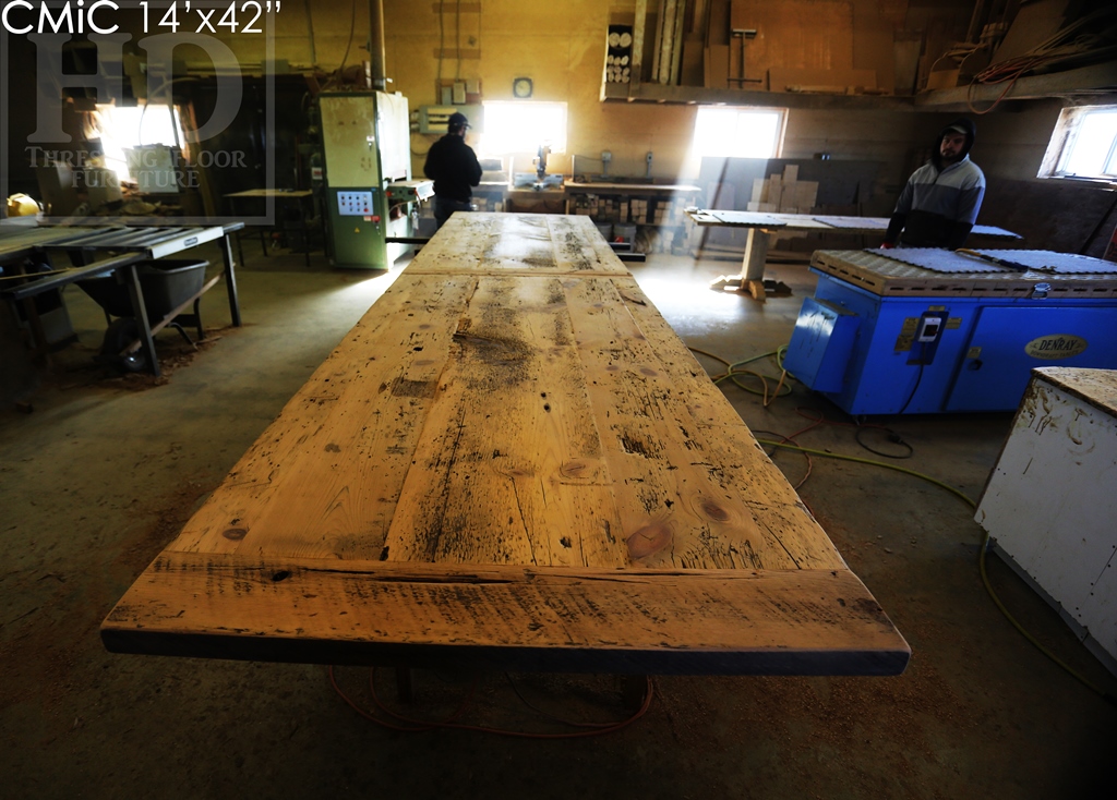 reclaimed wood boardroom table, high gloss table, boardroom table Toronto, solid wood furniture, Toronto Ontario, Mennonite furniture, metal base table