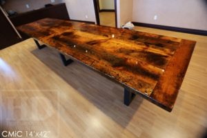 reclaimed wood boardroom table, high gloss table, boardroom table Toronto, solid wood furniture, Toronto Ontario, Mennonite furniture, metal base table
