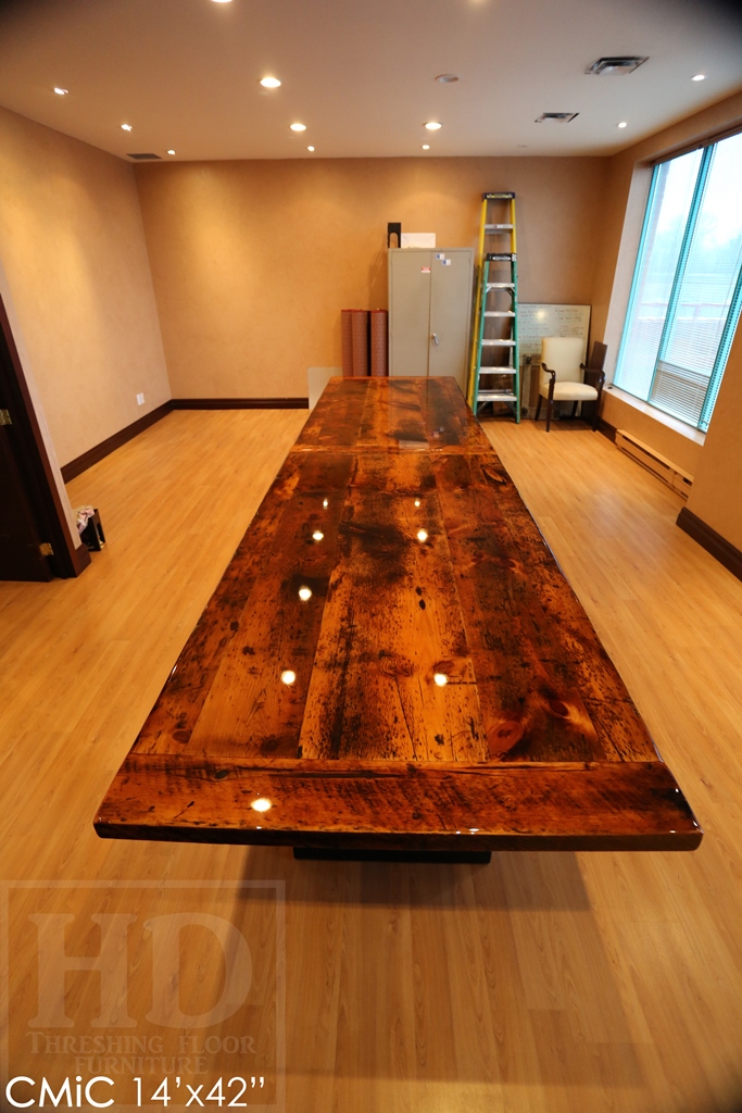 reclaimed wood boardroom table, high gloss table, boardroom table Toronto, solid wood furniture, Toronto Ontario, Mennonite furniture, metal base table