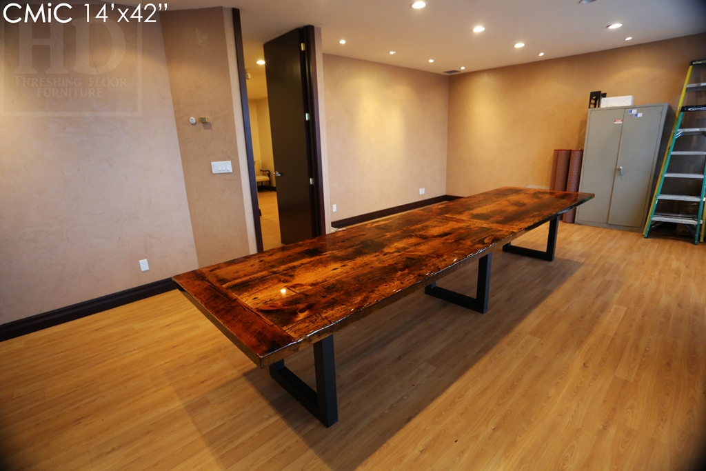 reclaimed wood boardroom table, high gloss table, boardroom table Toronto, solid wood furniture, Toronto Ontario, Mennonite furniture, metal base table