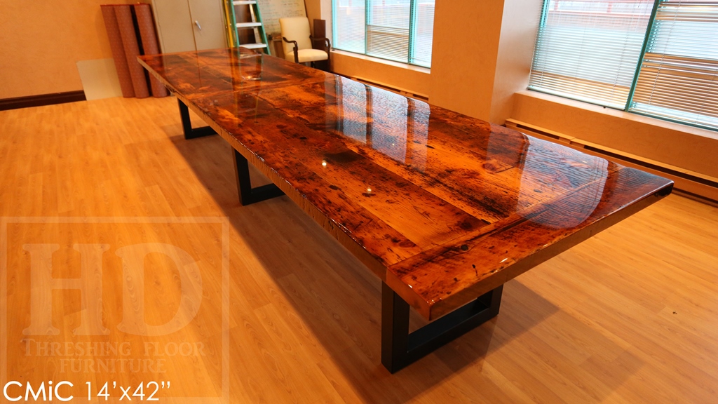 reclaimed wood boardroom table, high gloss table, boardroom table Toronto, solid wood furniture, Toronto Ontario, Mennonite furniture, metal base table