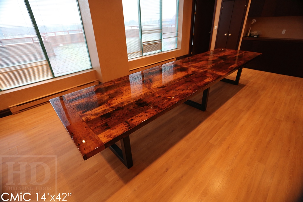 reclaimed wood boardroom table, high gloss table, boardroom table Toronto, solid wood furniture, Toronto Ontario, Mennonite furniture, metal base table