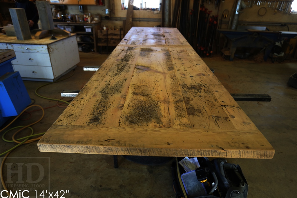 reclaimed wood boardroom table, high gloss table, boardroom table Toronto, solid wood furniture, Toronto Ontario, Mennonite furniture, metal base table