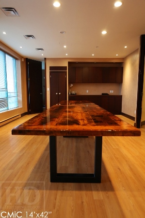 reclaimed wood boardroom table, high gloss table, boardroom table Toronto, solid wood furniture, Toronto Ontario, Mennonite furniture, metal base table