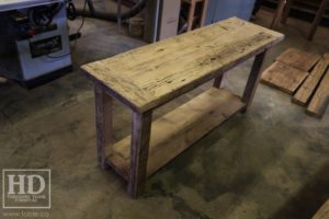 reclaimed wood console table, reclaimed wood sofa table, reclaimed wood hall table, reclaimed wood table Ontario, mennonite furniture, custom reclaimed wood furniture, solid wood furniture Ontario, cottage furniture Ontario, farmhouse table