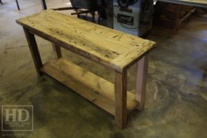 reclaimed wood console table, reclaimed wood sofa table, reclaimed wood hall table, reclaimed wood table Ontario, mennonite furniture, custom reclaimed wood furniture, solid wood furniture Ontario, cottage furniture Ontario, farmhouse table