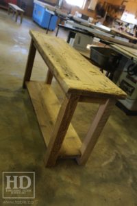 reclaimed wood console table, reclaimed wood sofa table, reclaimed wood hall table, reclaimed wood table Ontario, mennonite furniture, custom reclaimed wood furniture, solid wood furniture Ontario, cottage furniture Ontario, farmhouse table