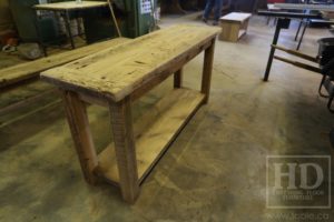 reclaimed wood console table, reclaimed wood sofa table, reclaimed wood hall table, reclaimed wood table Ontario, mennonite furniture, custom reclaimed wood furniture, solid wood furniture Ontario, cottage furniture Ontario, farmhouse table