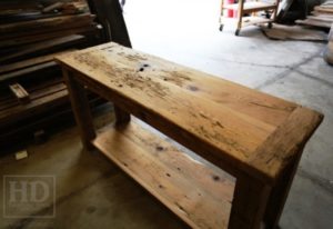 reclaimed wood console table, reclaimed wood sofa table, reclaimed wood hall table, reclaimed wood table Ontario, mennonite furniture, custom reclaimed wood furniture, solid wood furniture Ontario, cottage furniture Ontario, farmhouse table