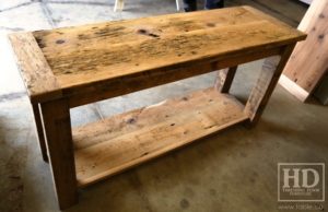 reclaimed wood console table, reclaimed wood sofa table, reclaimed wood hall table, reclaimed wood table Ontario, mennonite furniture, custom reclaimed wood furniture, solid wood furniture Ontario, cottage furniture Ontario, farmhouse table