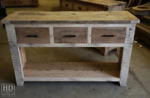reclaimed wood console table, reclaimed wood sofa table, reclaimed wood hall table, reclaimed wood table Ontario, mennonite furniture, custom reclaimed wood furniture, solid wood furniture Ontario, cottage furniture Ontario, farmhouse table