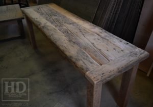 reclaimed wood console table, reclaimed wood sofa table, reclaimed wood hall table, reclaimed wood table Ontario, mennonite furniture, custom reclaimed wood furniture, solid wood furniture Ontario, cottage furniture Ontario, farmhouse table