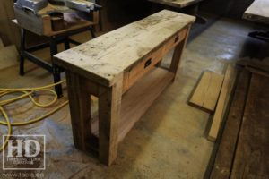 reclaimed wood console table, reclaimed wood sofa table, reclaimed wood hall table, reclaimed wood table Ontario, mennonite furniture, custom reclaimed wood furniture, solid wood furniture Ontario, cottage furniture Ontario, farmhouse table