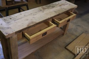 reclaimed wood console table, reclaimed wood sofa table, reclaimed wood hall table, reclaimed wood table Ontario, mennonite furniture, custom reclaimed wood furniture, solid wood furniture Ontario, cottage furniture Ontario, farmhouse table