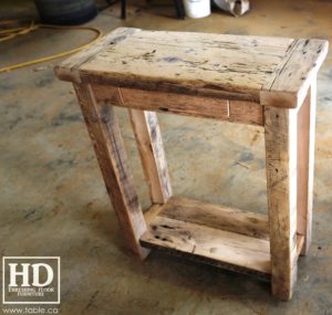 reclaimed wood console table, reclaimed wood sofa table, reclaimed wood hall table, reclaimed wood table Ontario, mennonite furniture, custom reclaimed wood furniture, solid wood furniture Ontario, cottage furniture Ontario